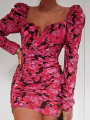 Floral Print Sweetheart Long Sleeves Buttons Sheath Bodycon Dress