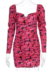 Floral Print Sweetheart Long Sleeves Buttons Sheath Bodycon Dress