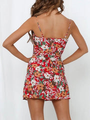 Floral Print Straps Drawstring Zipper Sleeveless Mini Dress