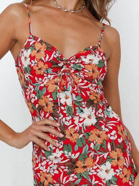 Floral Print Straps Drawstring Zipper Sleeveless Mini Dress