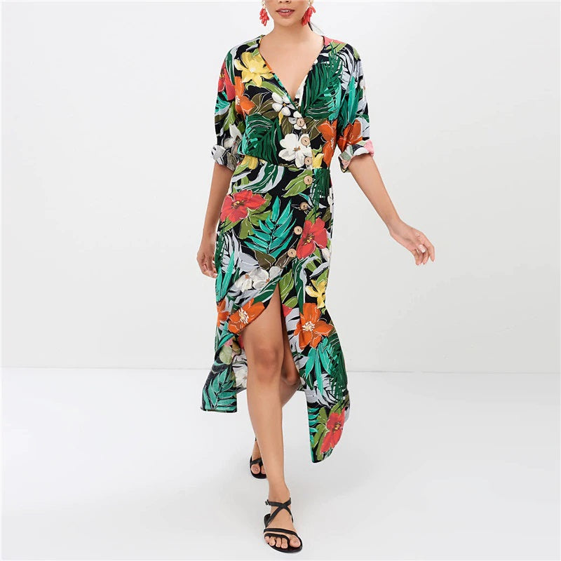 Floral Print V-Neck Long Holiday Maxi Dress