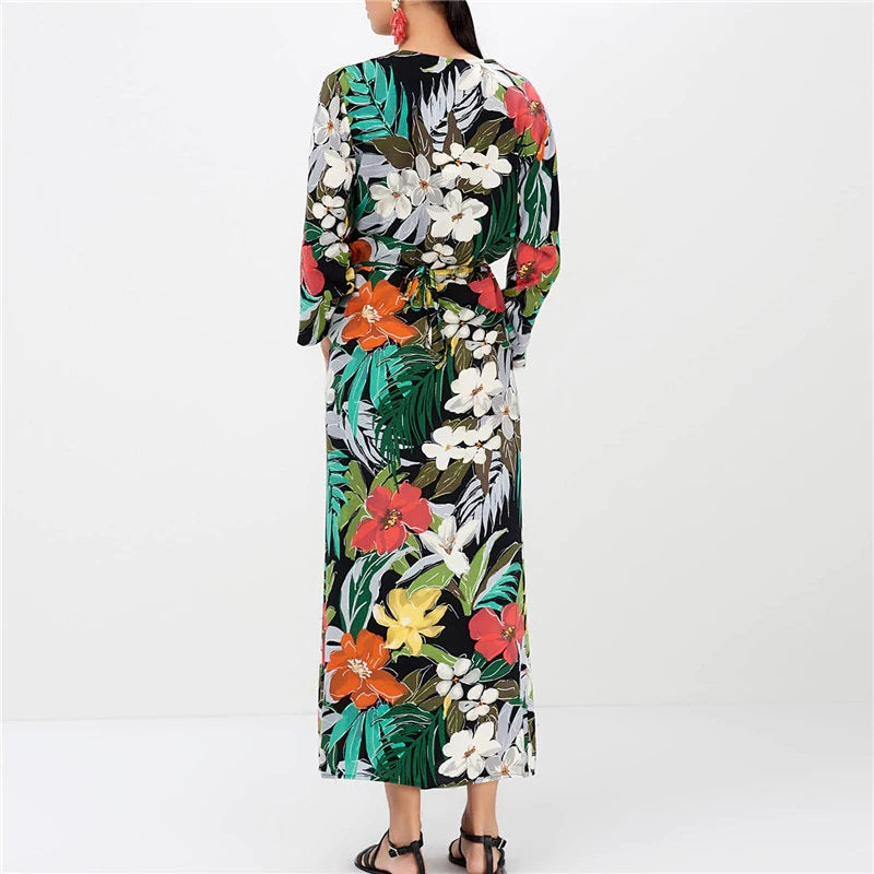 Floral Print V-Neck Long Holiday Maxi Dress