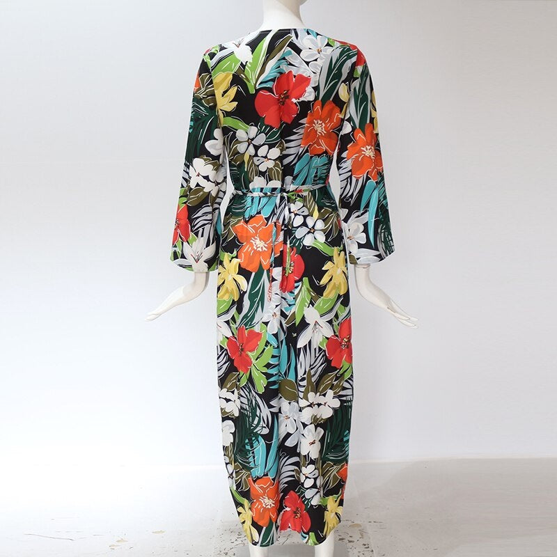Floral Print V-Neck Long Holiday Maxi Dress