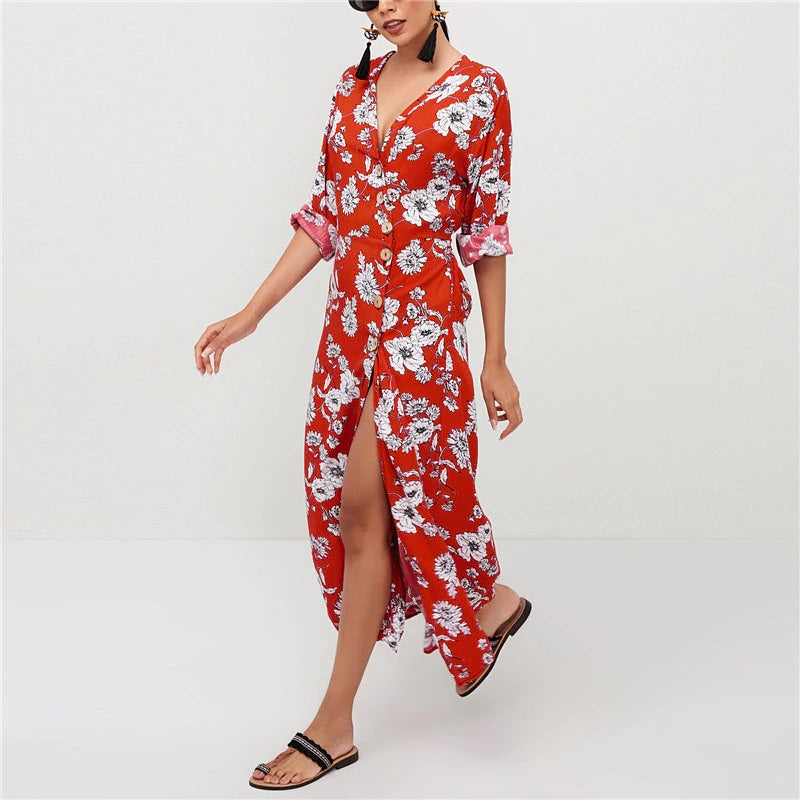 Floral Print V-Neck Long Holiday Maxi Dress