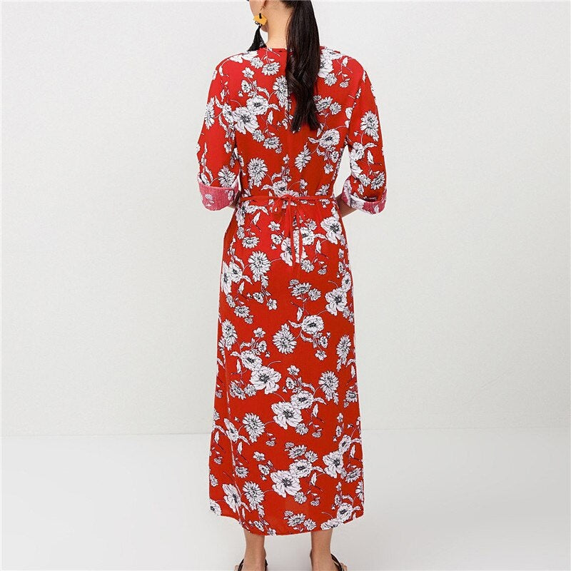 Floral Print V-Neck Long Holiday Maxi Dress