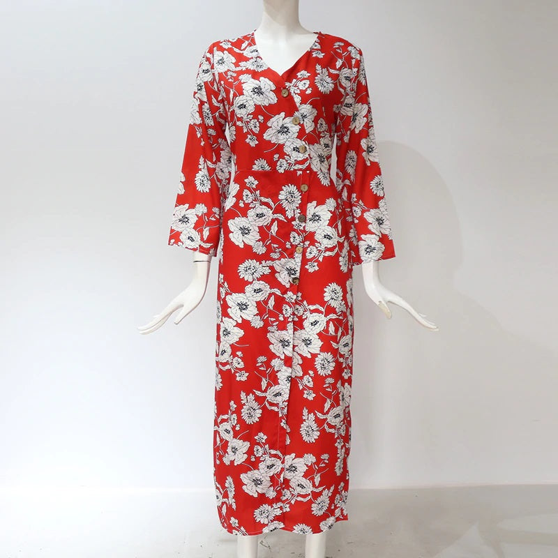 Floral Print V-Neck Long Holiday Maxi Dress