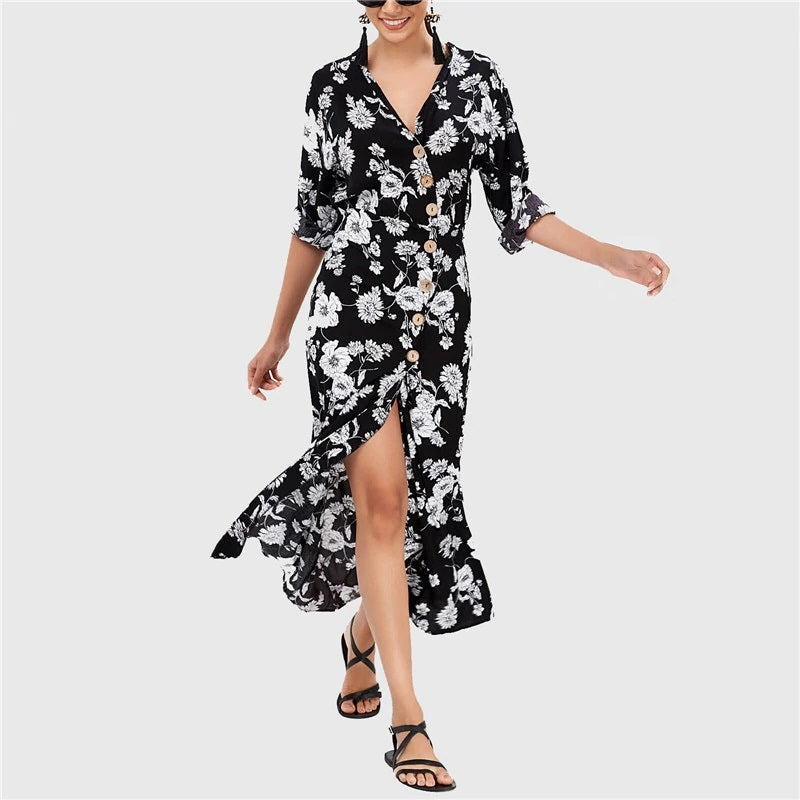 Floral Print V-Neck Long Holiday Maxi Dress