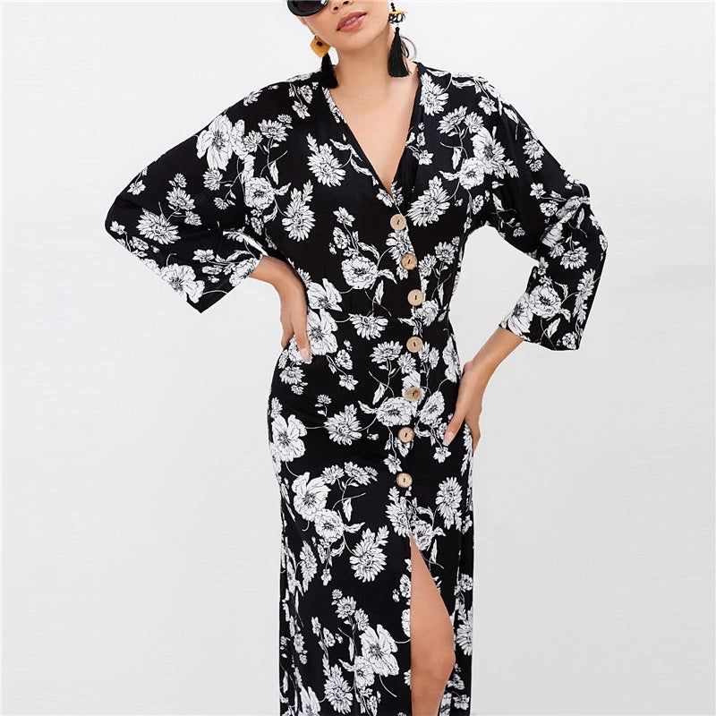 Floral Print V-Neck Long Holiday Maxi Dress