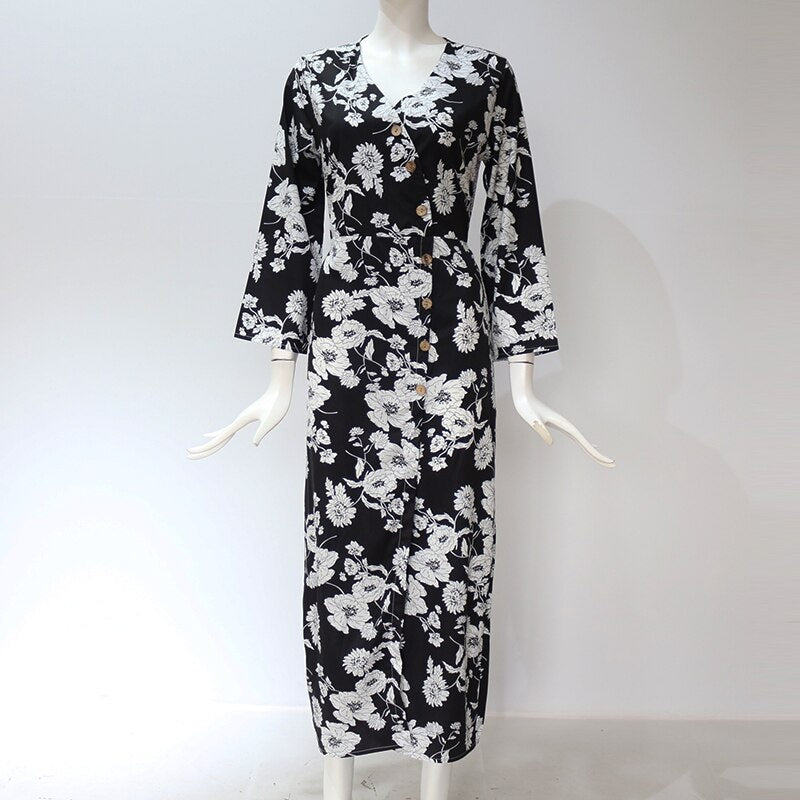Floral Print V-Neck Long Holiday Maxi Dress