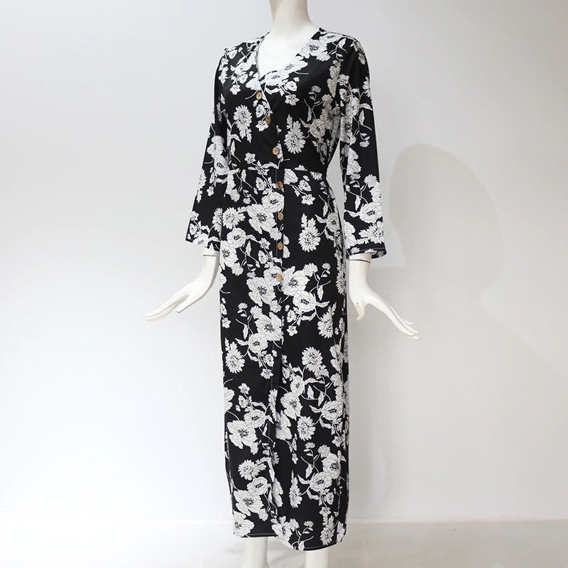 Floral Print V-Neck Long Holiday Maxi Dress