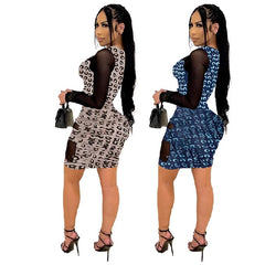 Full Sleeve Mesh Patchwork Bodycon Mini Dress