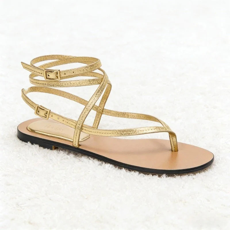 Gold Ankle Strap Buckle Flat Sandals Lightweight Comfort Flip Flops Luxury Designer Cross Strap Shoe Sandalias