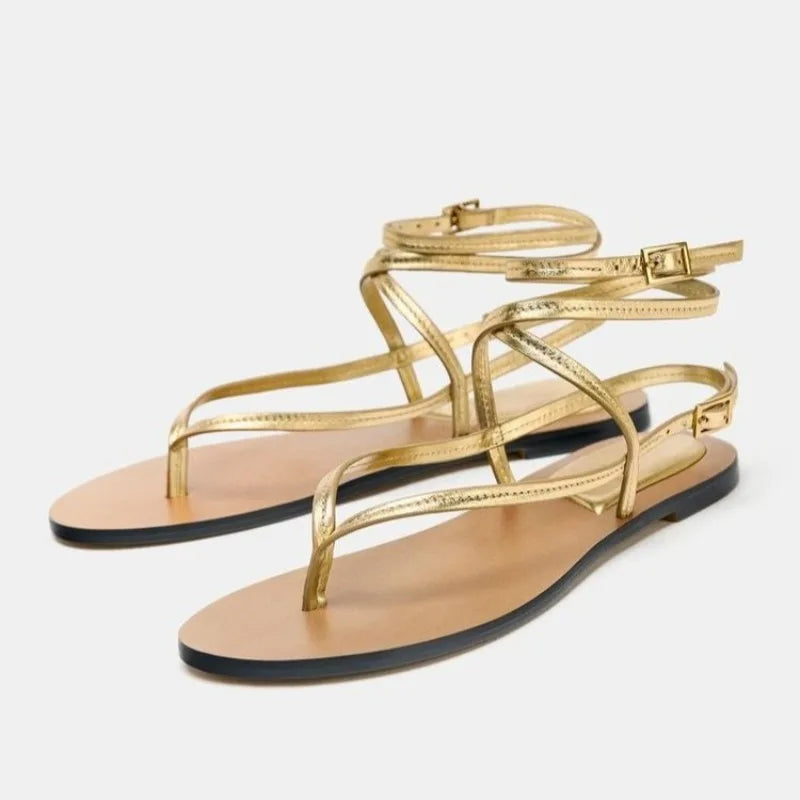Gold Ankle Strap Buckle Flat Sandals Lightweight Comfort Flip Flops Luxury Designer Cross Strap Shoe Sandalias