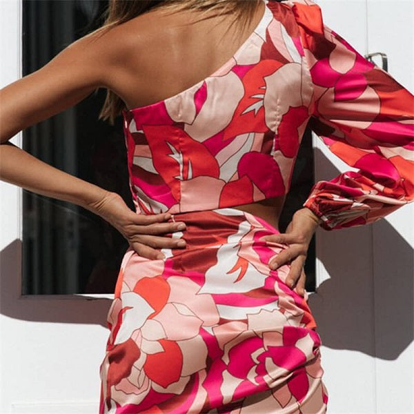 Graphic Printed Drawstring Long Sleeve Cut Out Irregular Dress