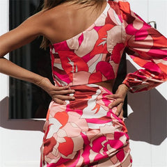 Graphic Printed Drawstring Long Sleeve Cut Out Irregular Dress
