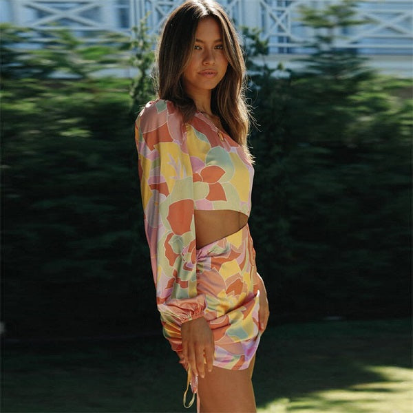 Graphic Printed Drawstring Long Sleeve Cut Out Irregular Dress