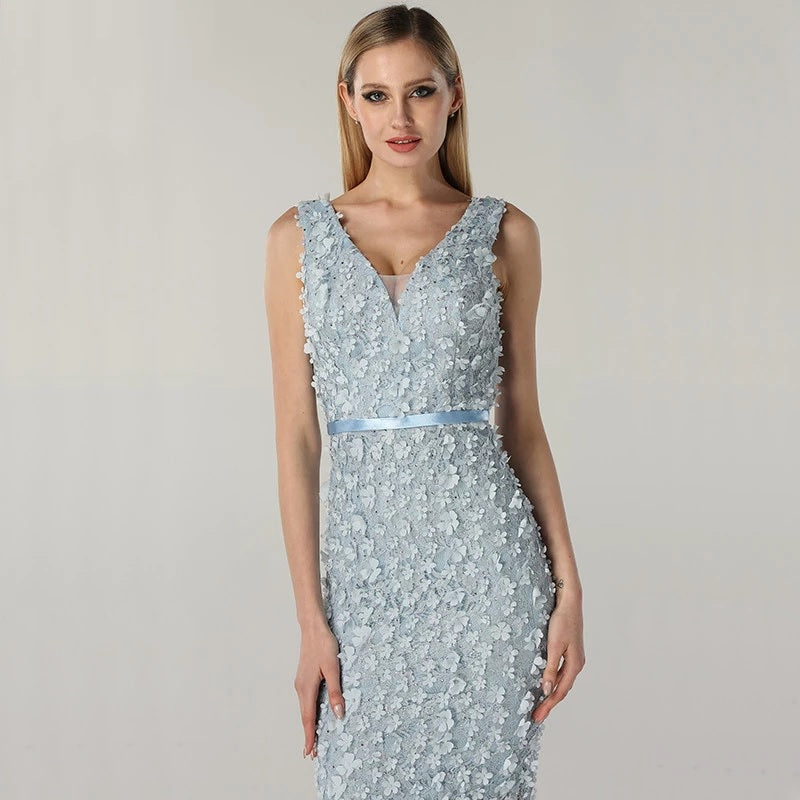 Handmade Flowers Pearls Evening Party Dress