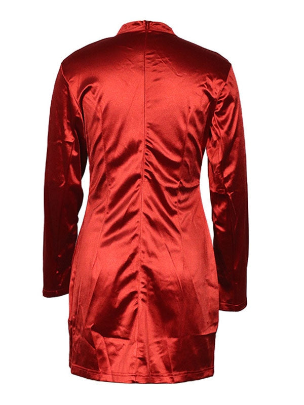 High Collar Long Sleeves Polyester Color Block Bodycon Club Dress