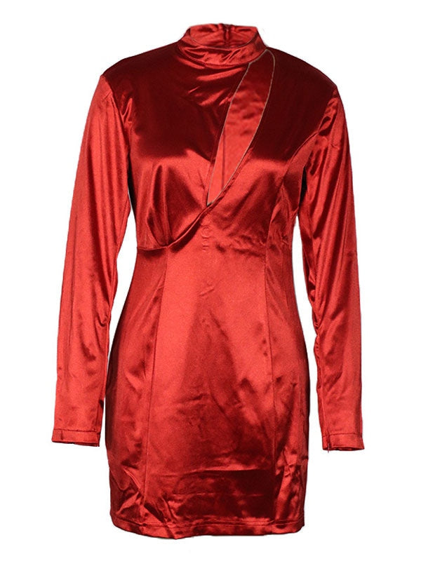 High Collar Long Sleeves Polyester Color Block Bodycon Club Dress
