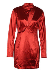 High Collar Long Sleeves Polyester Color Block Bodycon Club Dress