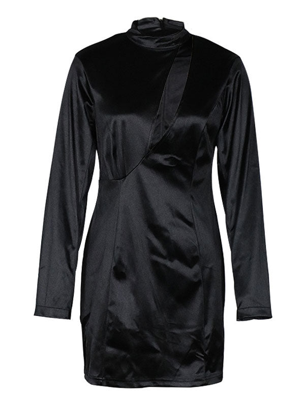 High Collar Long Sleeves Polyester Color Block Bodycon Club Dress