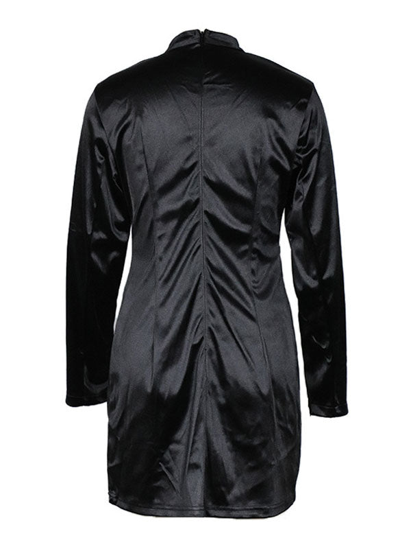 High Collar Long Sleeves Polyester Color Block Bodycon Club Dress
