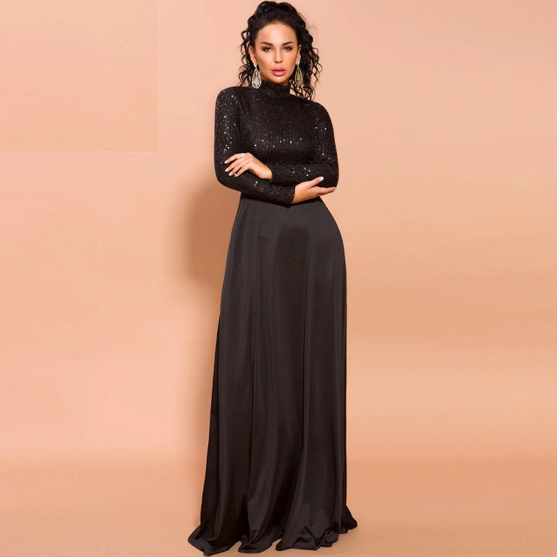 Elegant High Neck Long Sleeve Sequin Floor-Length Maxi Dress