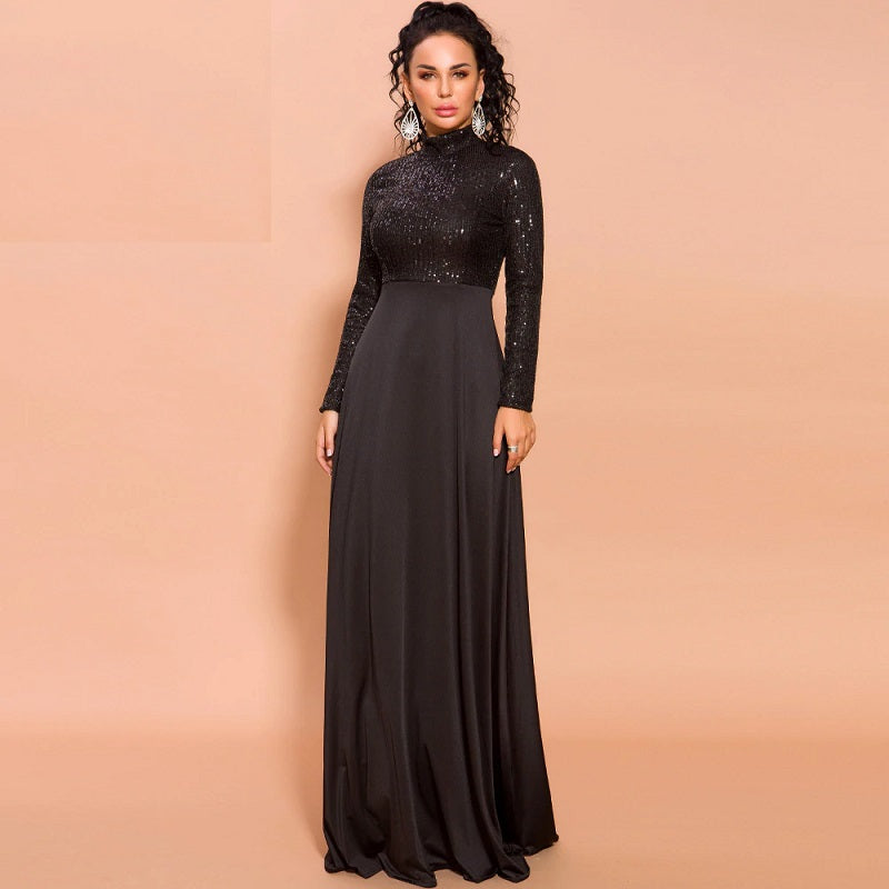 Elegant High Neck Long Sleeve Sequin Floor-Length Maxi Dress