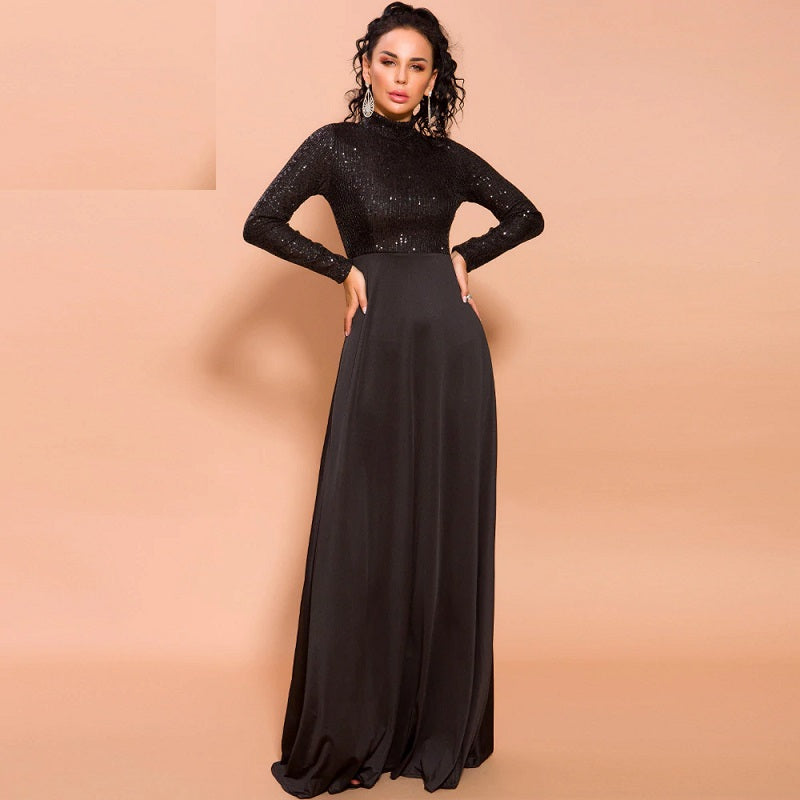 Elegant High Neck Long Sleeve Sequin Floor-Length Maxi Dress