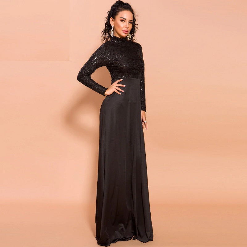 Elegant High Neck Long Sleeve Sequin Floor-Length Maxi Dress