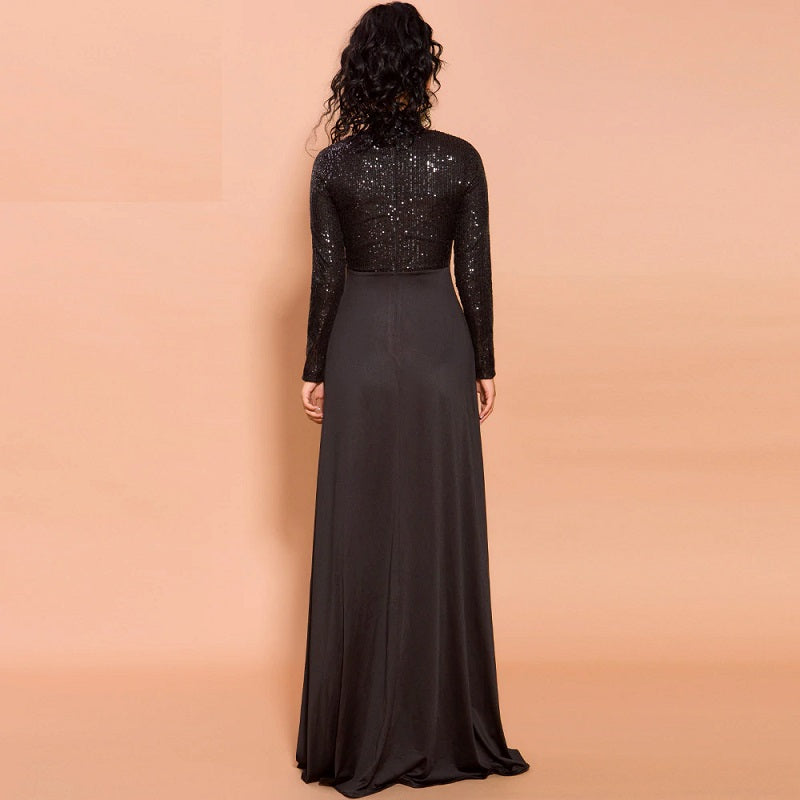 Elegant High Neck Long Sleeve Sequin Floor-Length Maxi Dress