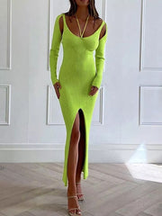 Hollow Out Halter Elegant Long Sleeve Maxi Dress