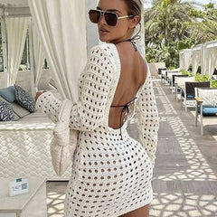Hollow Out Side-slit Long-sleeved Knitted Dress