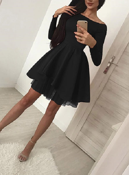 Layered Skirt Long Sleeve A Frame Mini Dress
