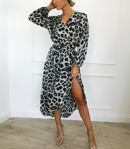 Elegant Leopard Chiffon Party Mid-Calf Dress
