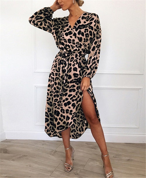 Elegant Leopard Chiffon Party Mid-Calf Dress