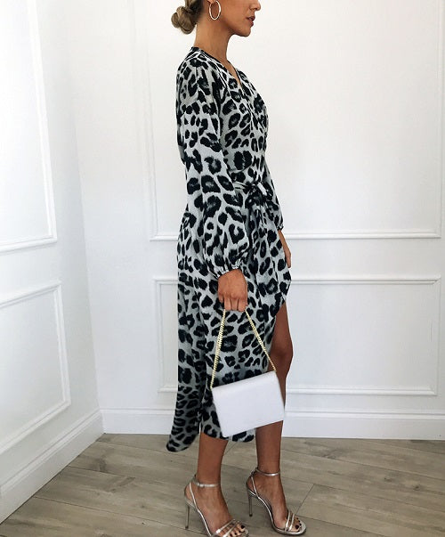 Elegant Leopard Chiffon Party Mid-Calf Dress
