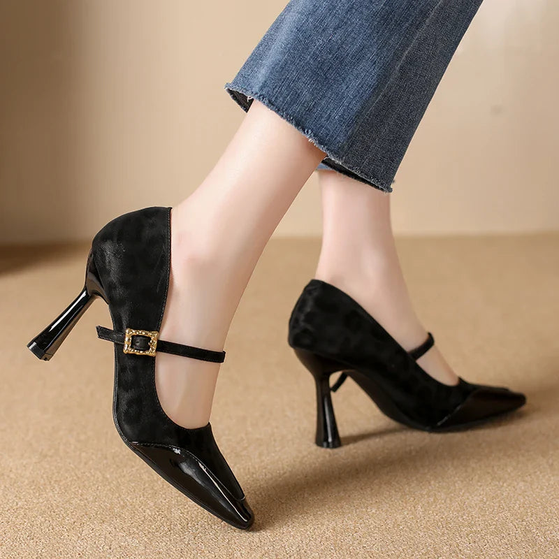 Leopard Pumps Elegant Buckle Strap Design Thin High Heel