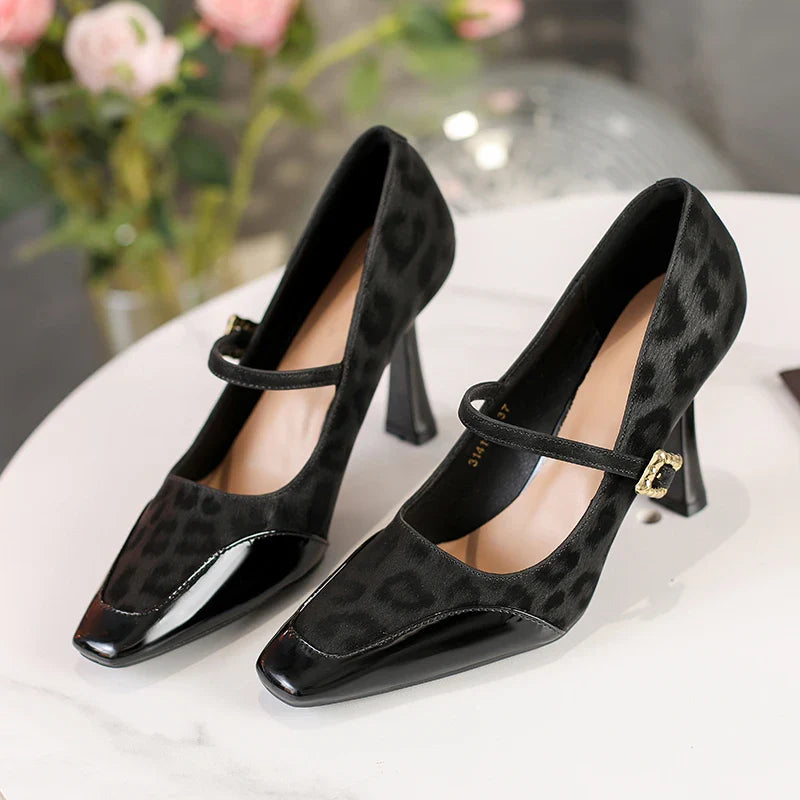 Leopard Pumps Elegant Buckle Strap Design Thin High Heel