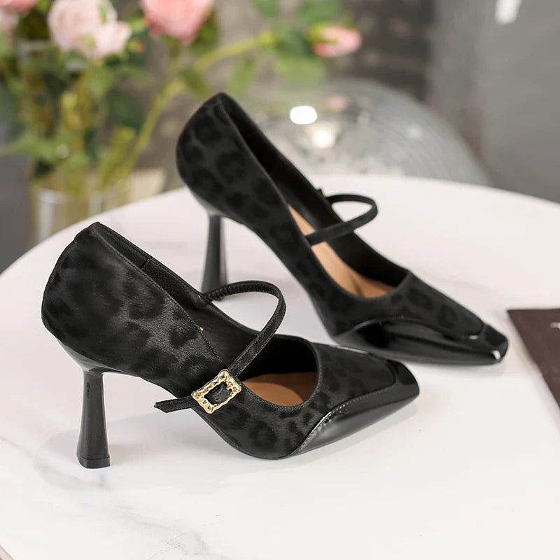 Leopard Pumps Elegant Buckle Strap Design Thin High Heel
