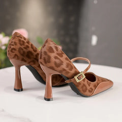Leopard Pumps Elegant Buckle Strap Design Thin High Heel