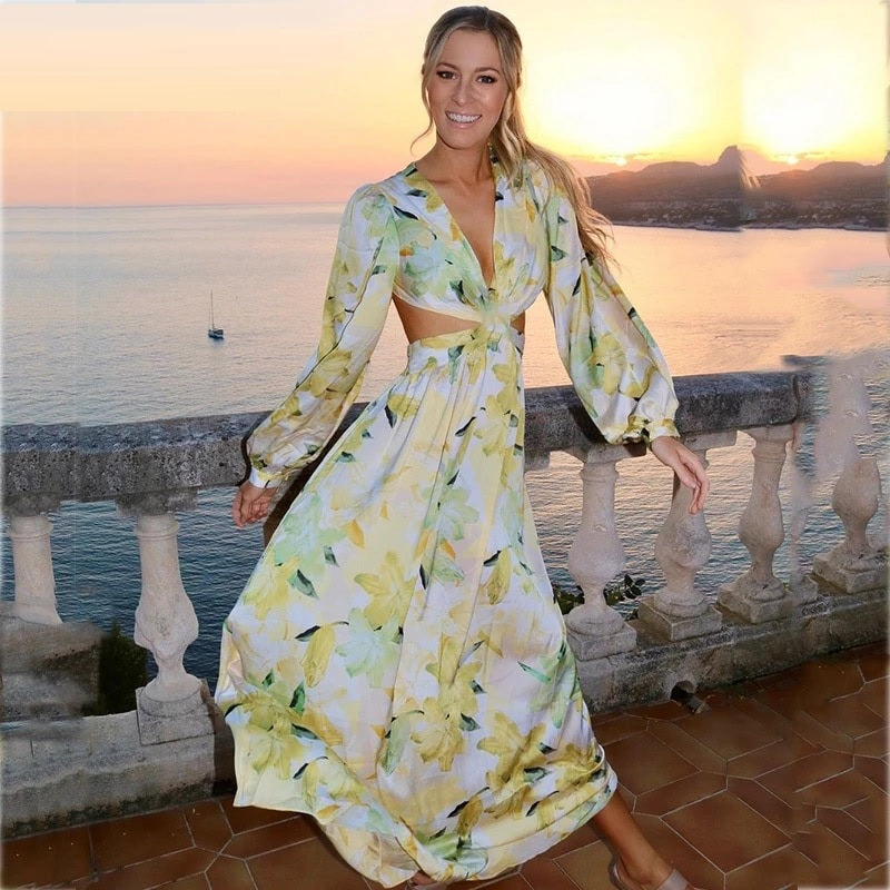 Long Sleeve Backless A-line Floral Maxi Dress
