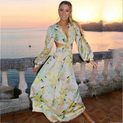 Long Sleeve Backless A-line Floral Maxi Dress