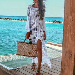 Long Sleeve Knitted Split Holiday Beach Sun Dresses