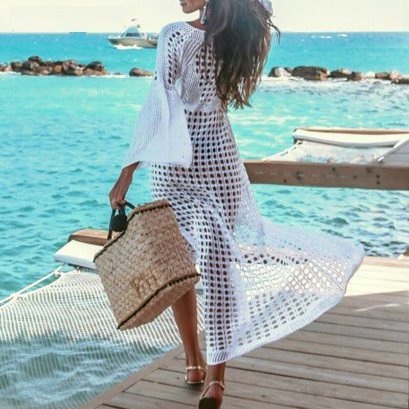 Long Sleeve Knitted Split Holiday Beach Sun Dresses