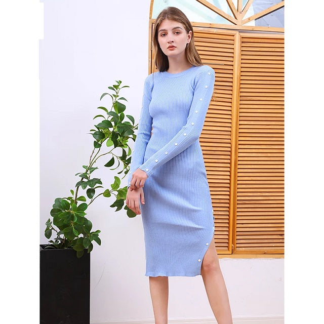 Long Sleeve Shell Button Sweater Midi Dress