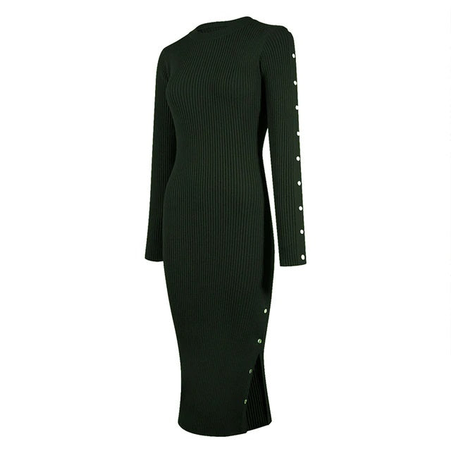 Long Sleeve Shell Button Sweater Midi Dress