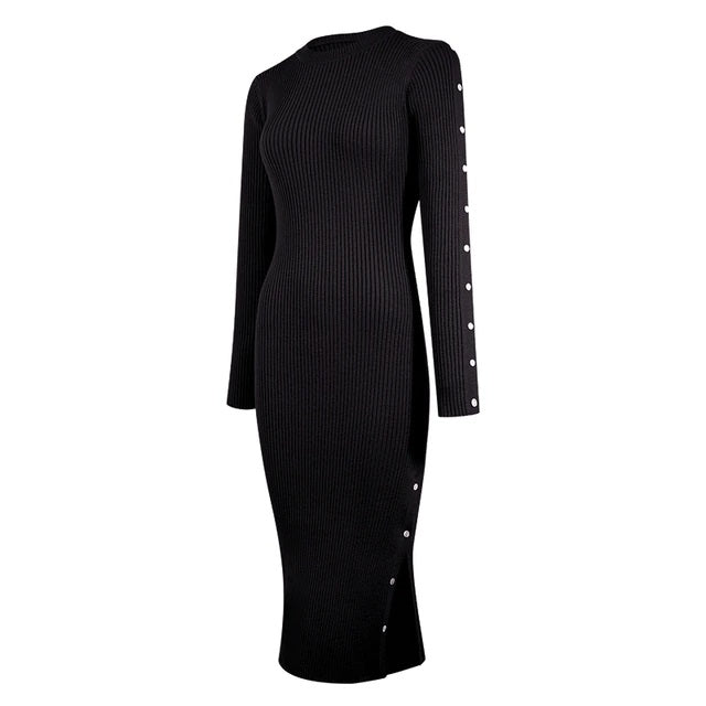 Long Sleeve Shell Button Sweater Midi Dress