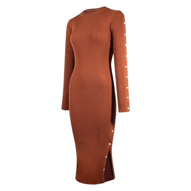 Long Sleeve Shell Button Sweater Midi Dress