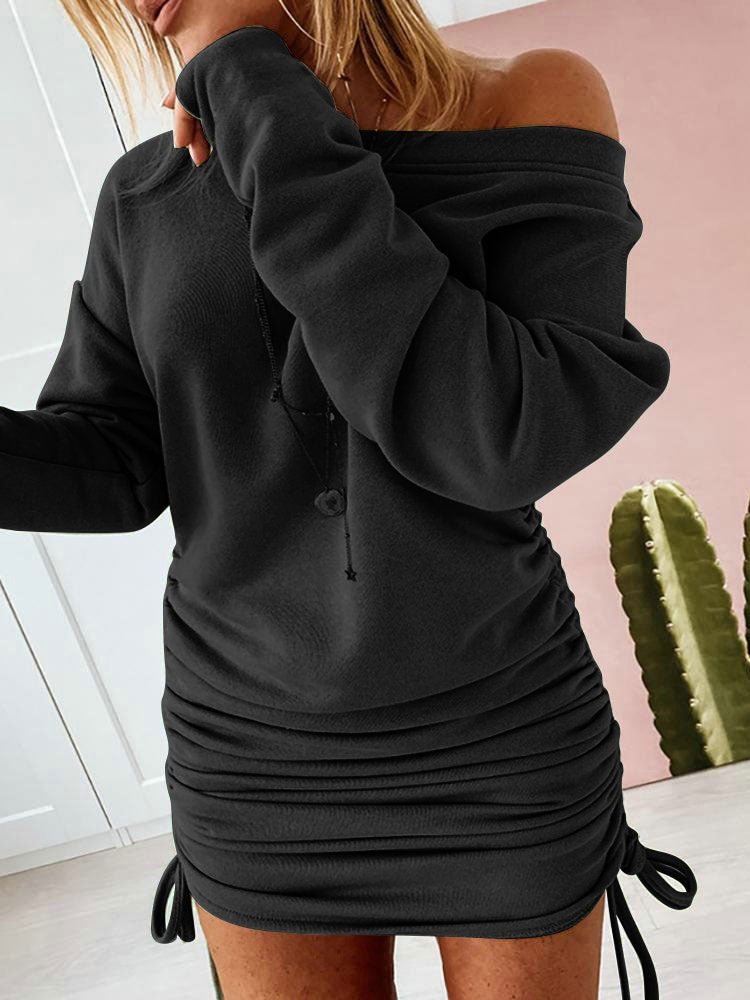 Long Sleeves Lace Up Scoop Neck Drawstring Slim Fit Sheath Bodycon Dresses